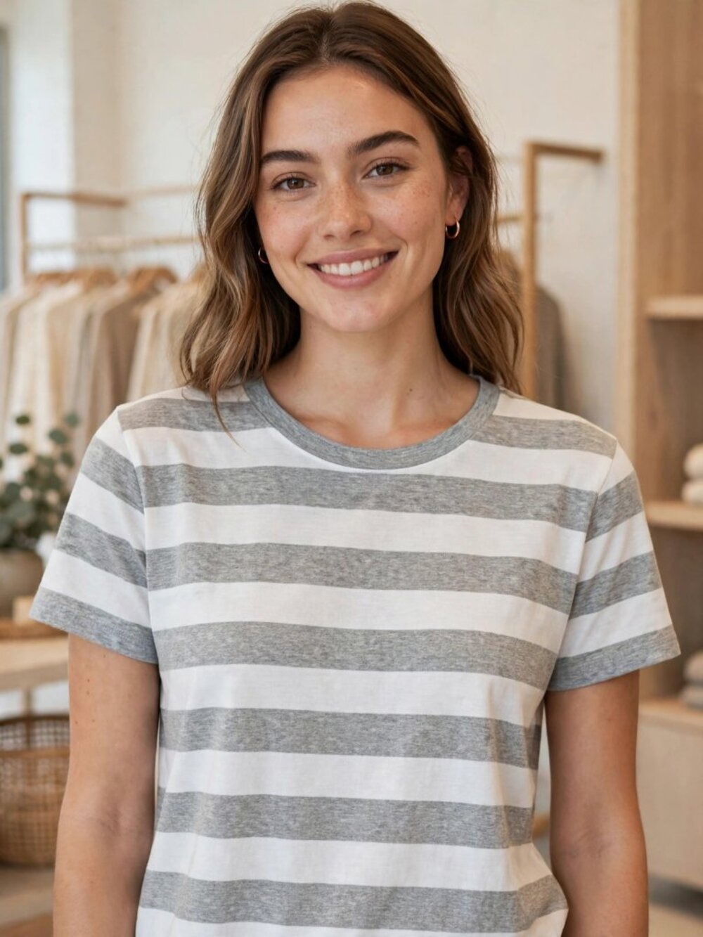 Heart & Hips Gray White Striped Short Sleeve Tshirt Crew Neck Size S